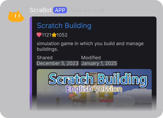 ScraBot showing information about a Scratch project in Discord